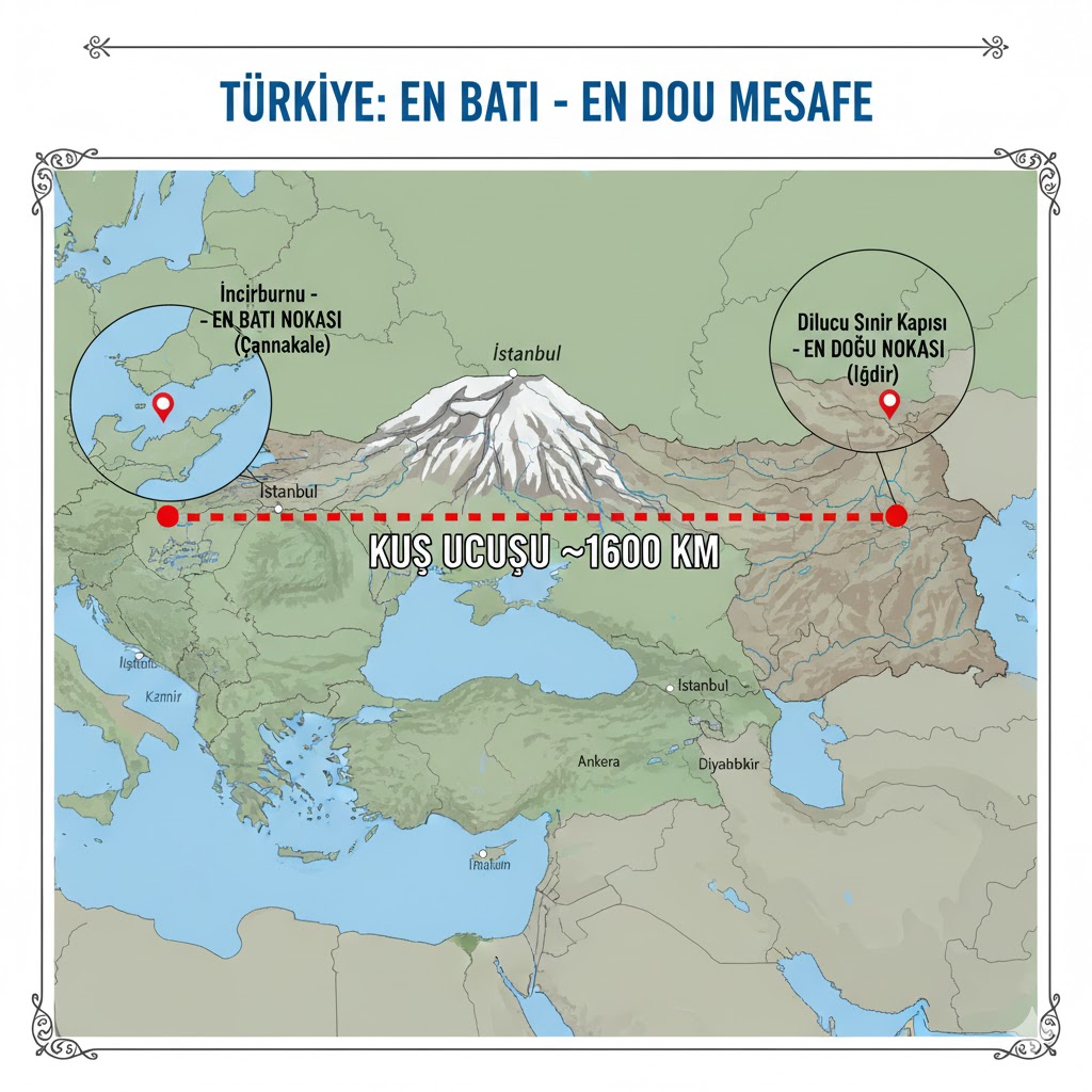 Türkiye’nin en batı ve en doğu ucu arasındaki mesafe nedir? (KUŞ UÇUŞU)